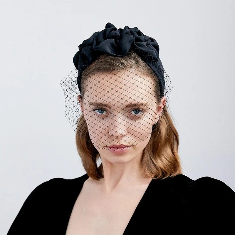 Black Headband Veil Black Handmade Flowers Wide Hair Band Birdcage Veil