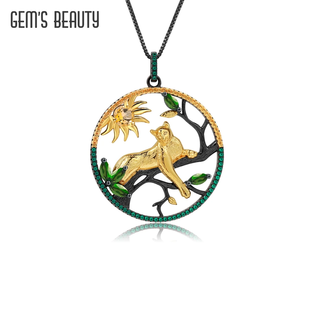 GEMSBEAUTYLeopardAnimalPendantNecklaceReal925SterlingSilverGoldPlatedHandmade