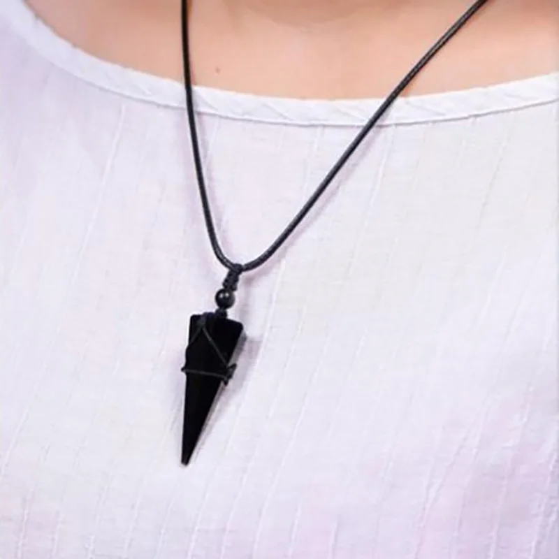 Natural Obsidian Blue Sandstone Necklaces & Pendants With Hand Braided Rope Energy Power Stone Cone Shape Amulets