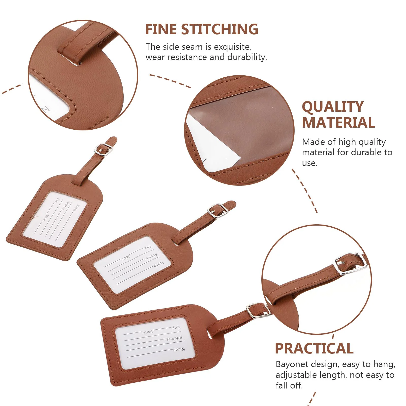 3 Pcs Brown Adjustable Strap Reusable Luggage Tags Travel Baggage Labels Suitcase Id Tag Pu Travel Accessories Luggage