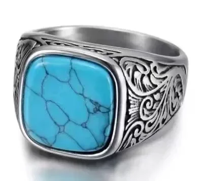 

Turquoise Patterned Titanium Men's Rings Street Trend Rings 2024 European and American Vintage Collection
