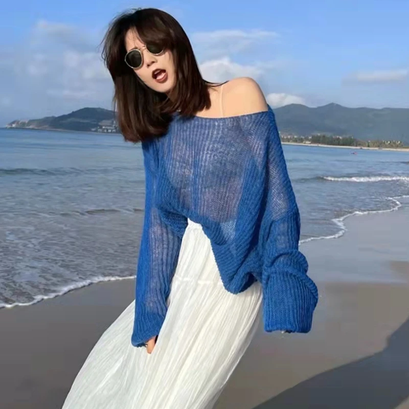 New Summer and Autumn Knitted Hollow Women's Sweater Fashionable Seaside Vacation Loose Casual Jumper