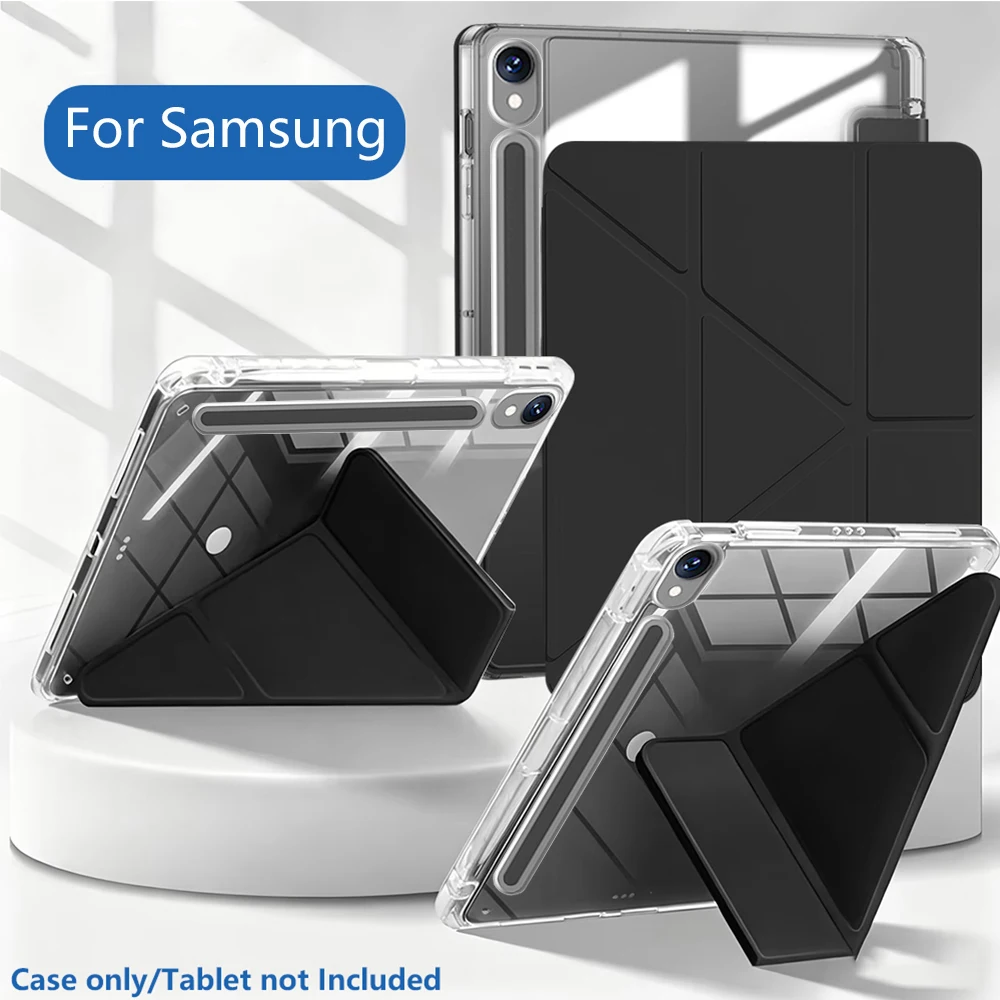 غطاء أكريليك شفاف قابل للطي على شكل Y لسامسونج تاب S9 S10 FE لايت A9 A11 بلس S11 مع حامل قلم وغطاء خلفي مقاوم للاصفرار