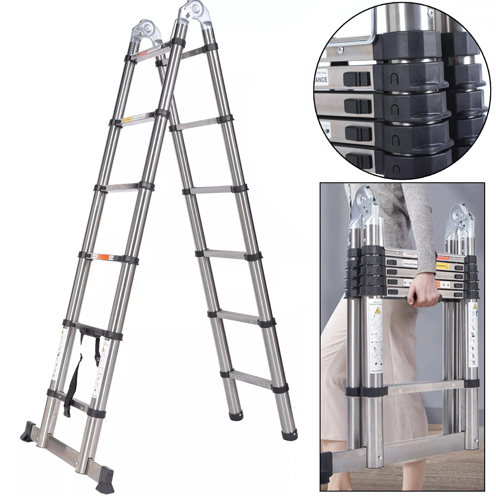 DayPlus 12,5 FT klappbare Teleskopleiter aus Stahl, 1,9 m + 1,9 m, Mehrzweck-A-Rahmen, robuste Loft-Leiter mit Stabilisator, Heimwerkzeug – Detail 4