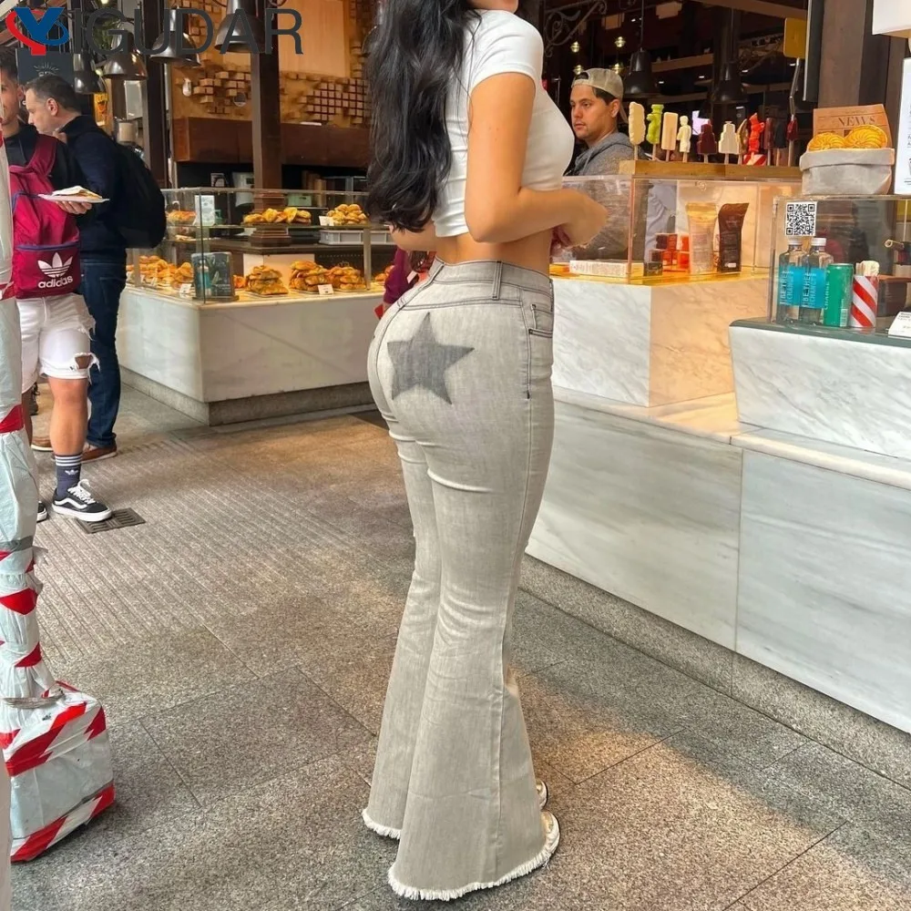 Chic Retro Stars Print Women Solid Color Denim Flare jeans woman Summer High Waist Female Full Length Pants Bell-Bottom Vintage