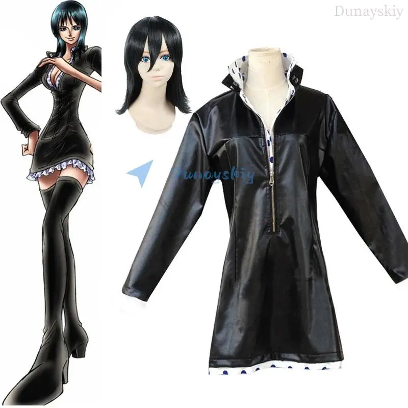 

XXS-XXXL Anime Nico Robin Black Uniform Female Cosplay Costume Women Sexy Dresses For Halloween Clothing Leather Jacket Outwear