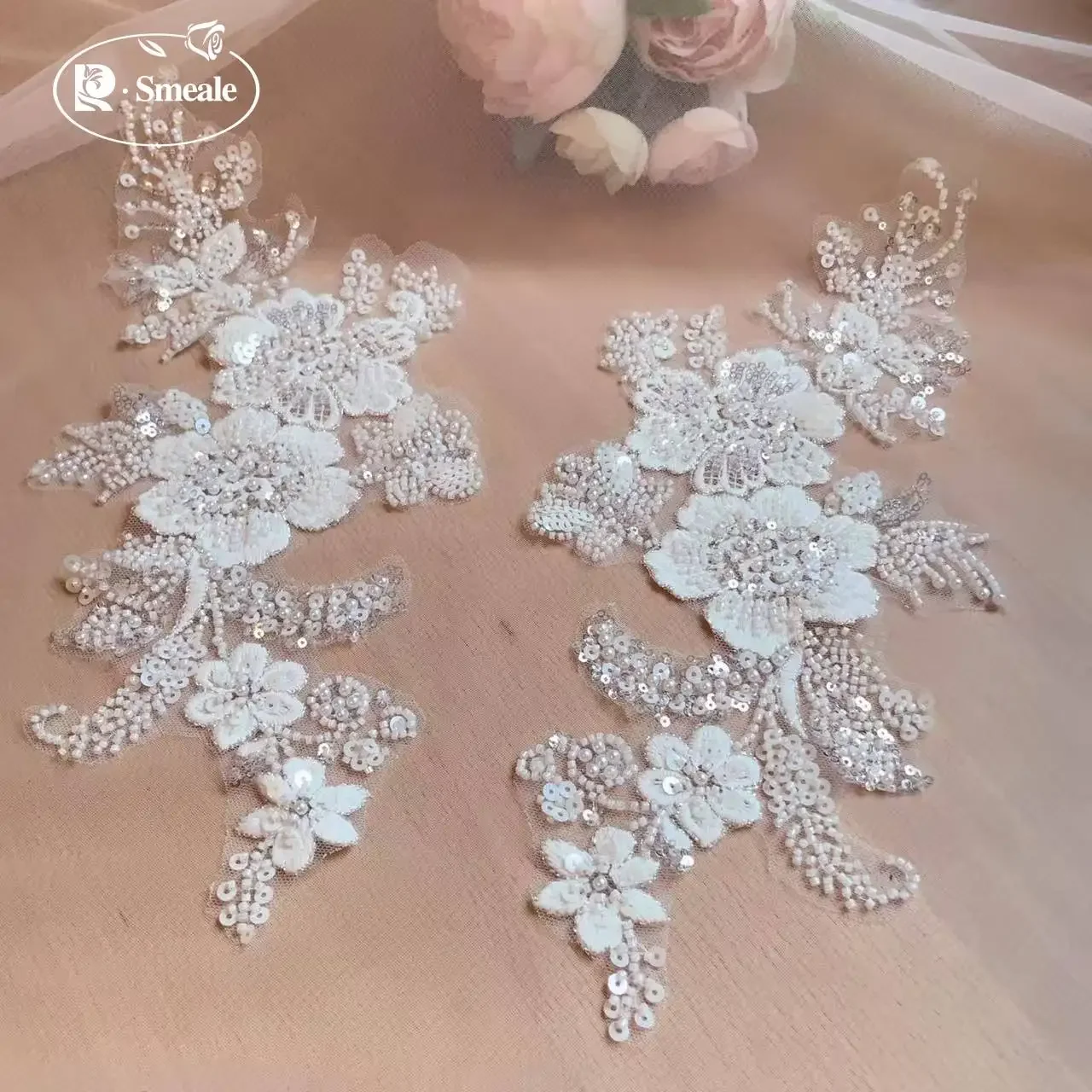 Elegant Pearl Embroidered Glitter Floral Lace Decoration