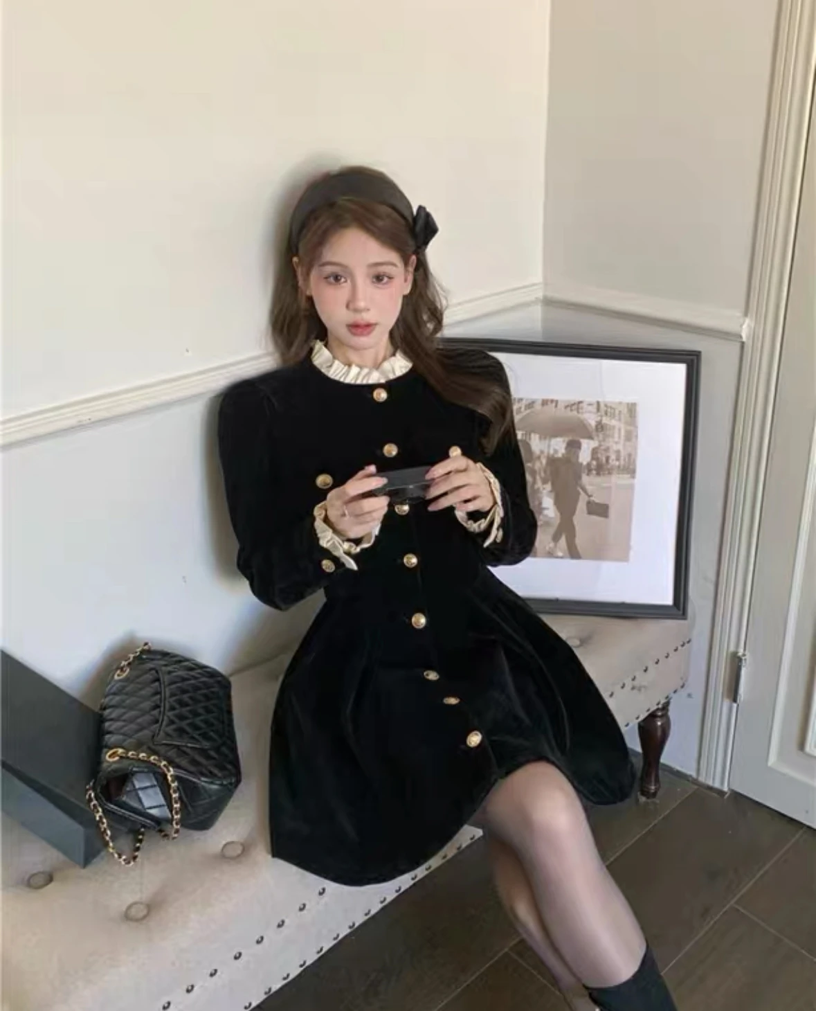 Vestidos de terciopelo negro de otoño para mujer, vestido de fiesta de noche de una sola botonadura de manga larga, moda coreana, vestido de línea A para mujer, nuevo