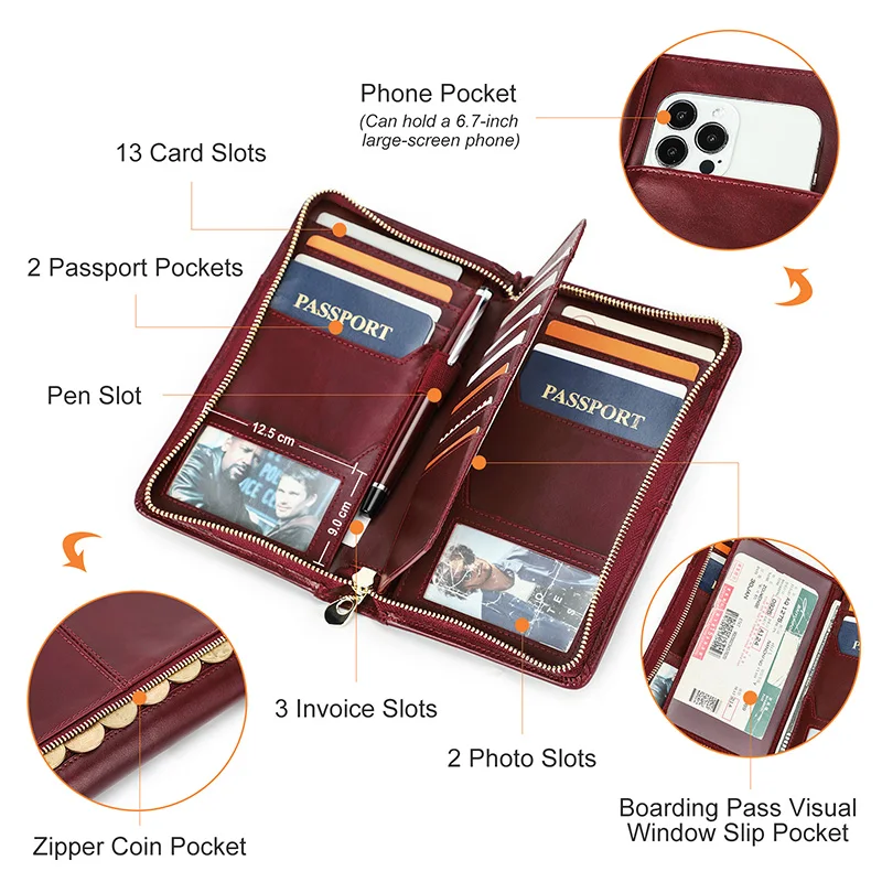 Travel Wallet Family Passport Holder Genuine Leather Organizer Travel accessories Document Case Cardholder with Wrist Strap
