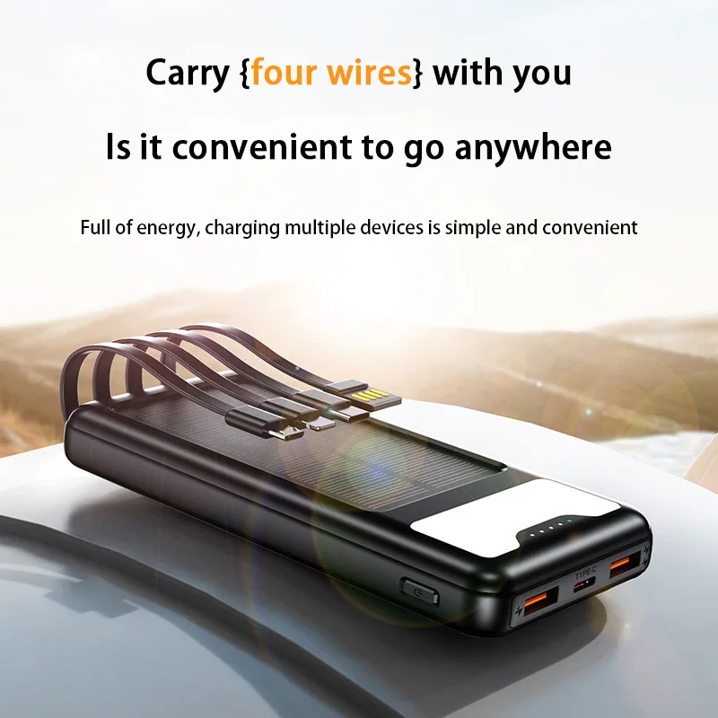 200000mah Solar Power Bank Built in 4 Cables Portable Fast Charging Large Capacity Charger Powerbank For Iphone Samsung Huawei 4
