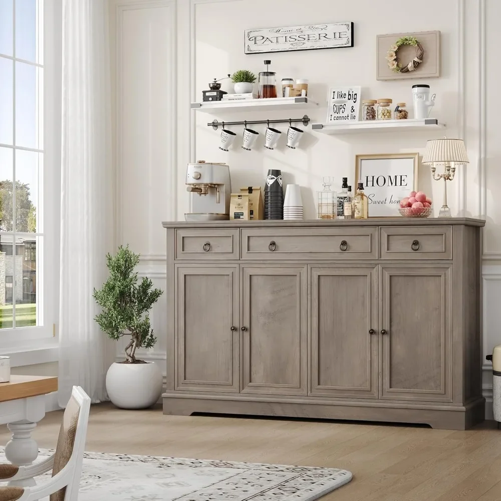 Buffet Cabinet with Storage, 55.1" Large Sideboard Buffet Cabinet, White Kitchen Cabinet with 3 Drawers and 4 Doors