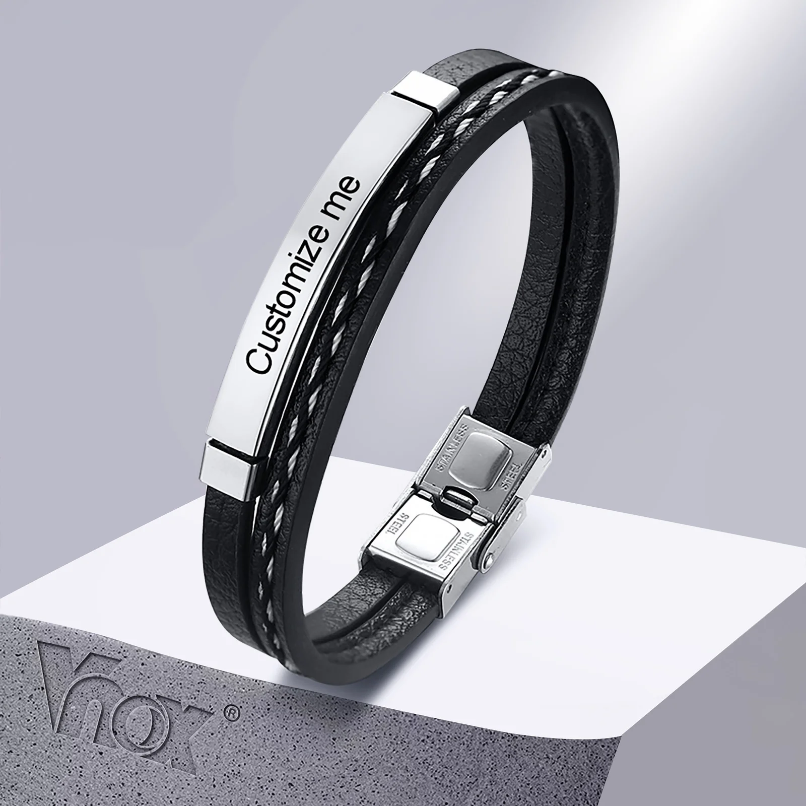 Vnox Multi Layer Leather Bracelets for Men Women Customizable Engraving Stainless Steel Personalized Bangle,Fathers Day Dad Gift