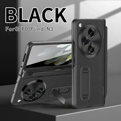 Leather Hinge Kickstand Case with Screen Protector and Stylus Pen - Folding Lens Protection Cover for OPPO Find N3 (Black)
