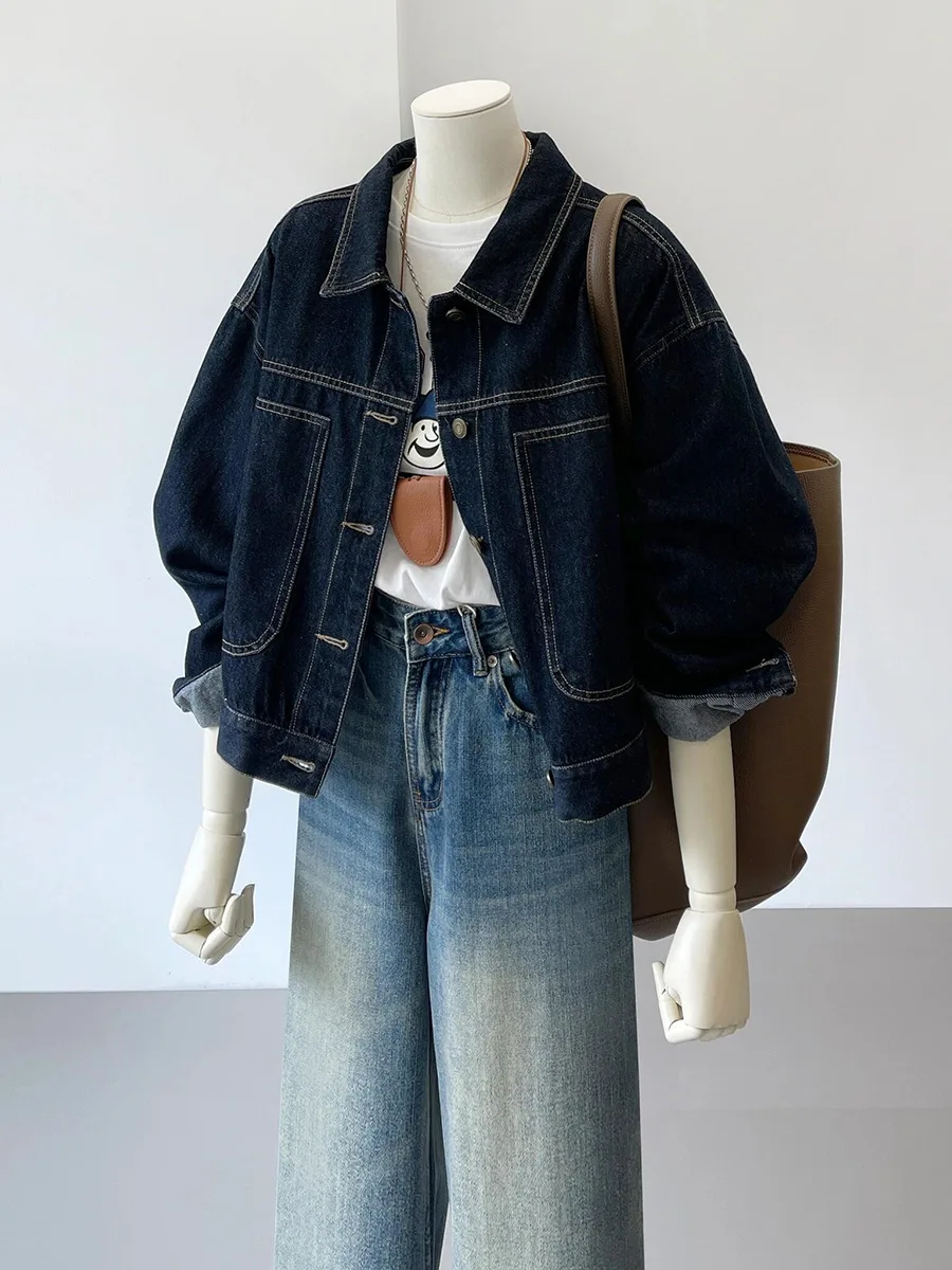 Navy Blue Short Denim Jacket Female Work Style Spring and Fall New Korean Version of the Casual Pocket Design Sense Thin Blouse