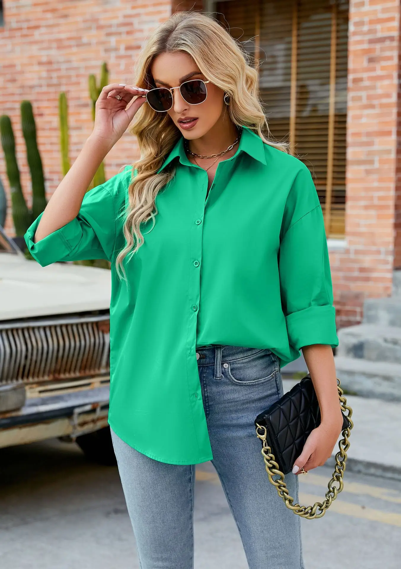 Womens Clothing V-neck Solid Button Long Sleeve Casual Blouse