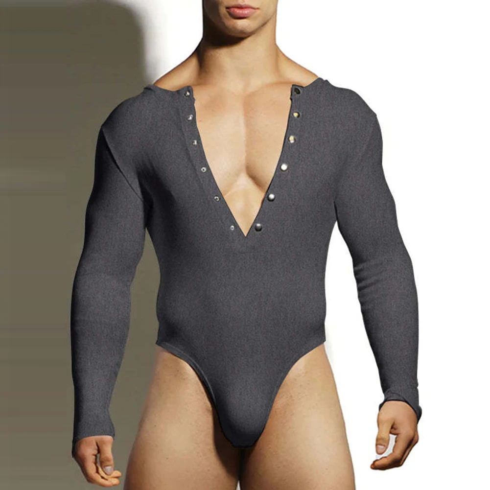 

Male Pajamas Bodysuit Comfortable Fitness Jumpsuits Long Sleeve Slight Stretch Slim Soft Solid Color Underwear