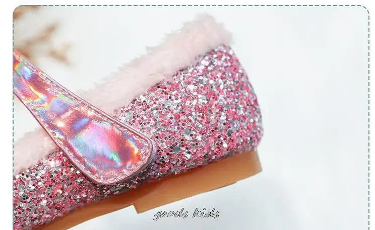 Disney Princess Elsa Fashion Autumn Winter Girls Shoes Warm Cotton Plush Fluffy Fur Kids Flats Children Loafers Birthday Gift