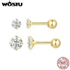 WOSTU 925 Sterling Silver Gold Round AAA Zircon Stud Earrings For Women Wedding Studs Euro Simple Party Pendientes 3MM 5MM 7MM
