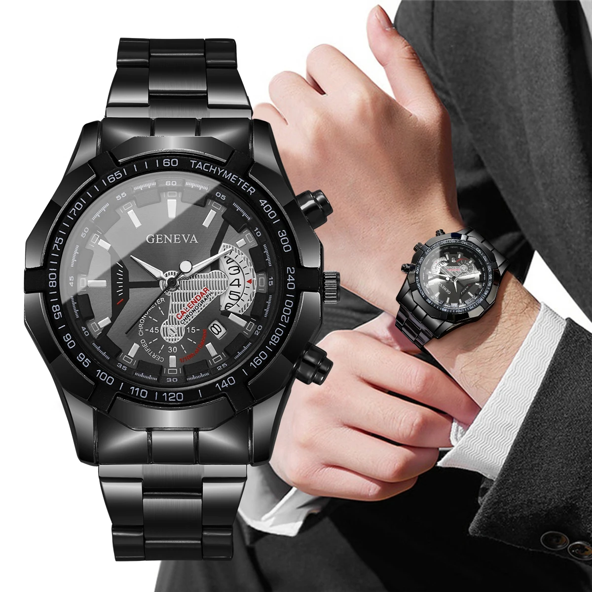 1pcs/set Men's Business Style Watch Simple Casual Scale Dial Men's Luxury Quartz Watch Combination Set (Box Not Included)