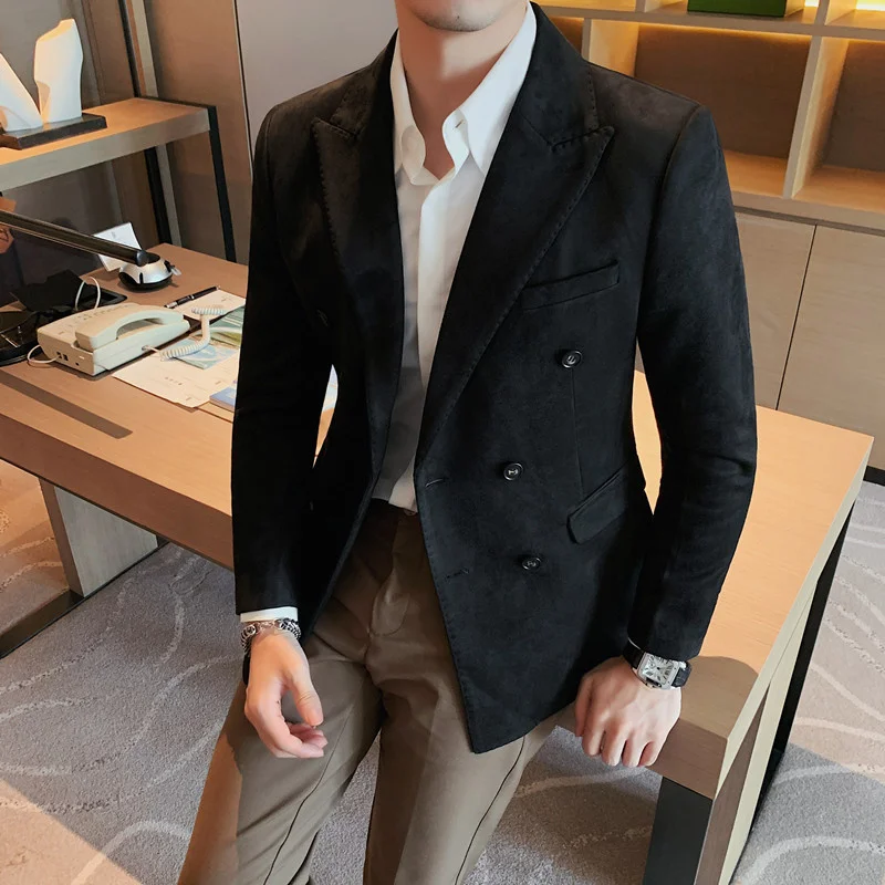 Spring Korean Fit Solid Color Two Grain Double breasted Suit Brand Clothing Men's Suede Fabric Fit Fashion Suit Jacket