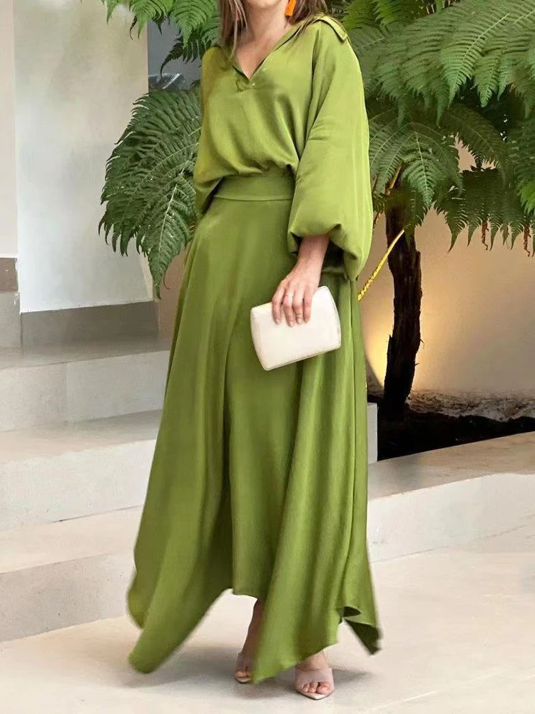 Women's Summer Suit Dresses Sets Solid Color Loose Tops High Waist Long Dresses Elegant Women's