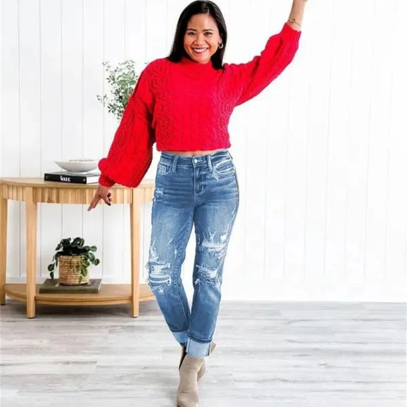Sexy Ripped Mid Waist Jeans for Women Vintage Clothes Y2k Fashion Straight Denim Trousers Streetwear Hole Hip Hop Pants Jeans