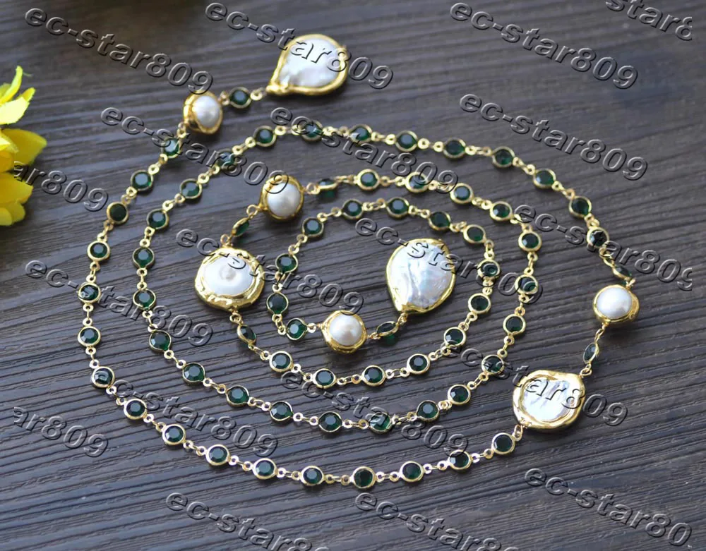 

MCT·STAR Z11329 45" 22mm White Coin Pearl Green Gemstone CZ gold-plating Chain Necklace