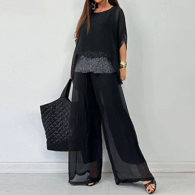 

Spring Splicing Sequin Chiffon Set Women Casual Round Neck Top Pullover & Wide Leg Pants Suit Summer Batwing Sleeve Loose Outfit