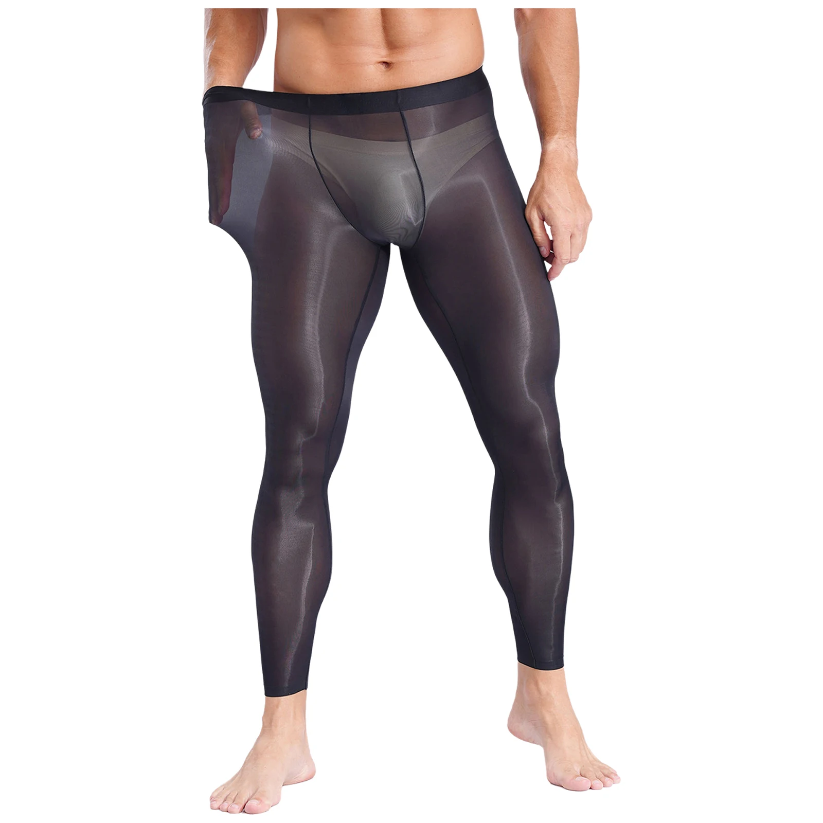 Mens Stretchy Ultra-Thin Leggings Ice Silky Yoga Fitness Leggings Bulge Pouch Tights See Through Pants for Gym Sports Workout Sac77e48bc17440988226790a57143523Z