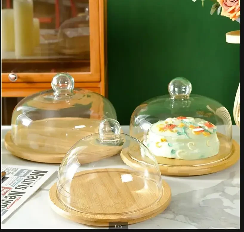 Bamboo Wood Cake Pan Transparent Glass Cover Wooden Bottom Cake Stand Dessert Table Display Stand Rotatable Tray Dessert Plate
