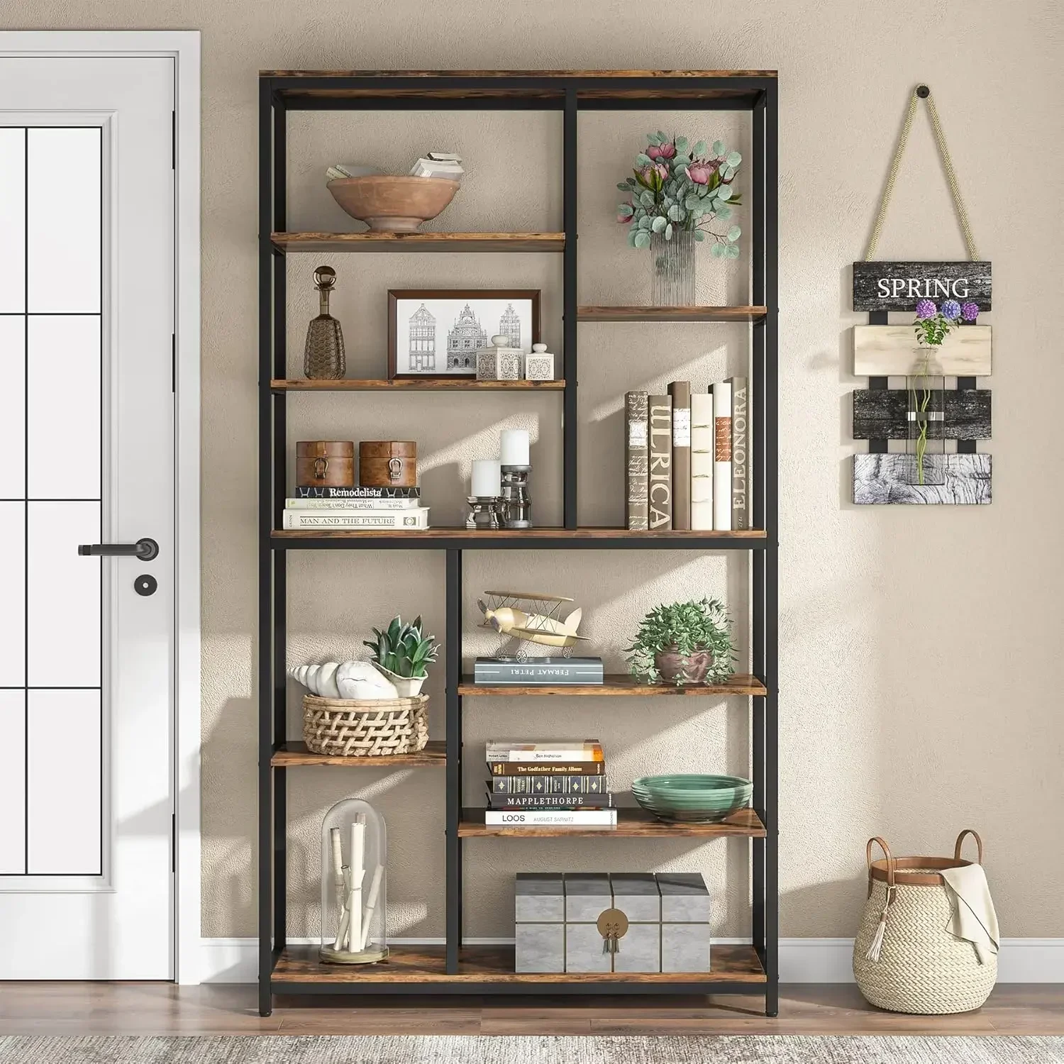 New2025-79 inches Tall Bookshelf Bookcase, 8-Tier Staggered Bookcase, Modern Freestanding Open Book Shelves, Wide Wood Etagere