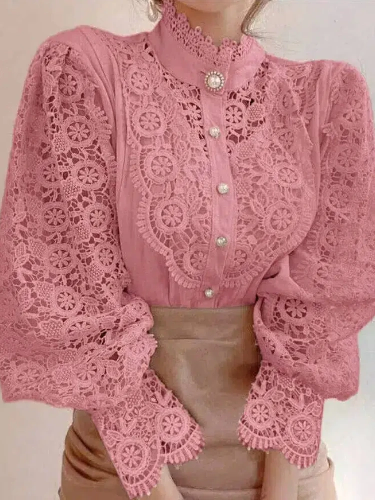 New Autumn Women's Stand-Up Collar Women's Long Sleeve Shirt Elegant Lace Casual Cardigan Large Size Blouse Four Seasons 12419