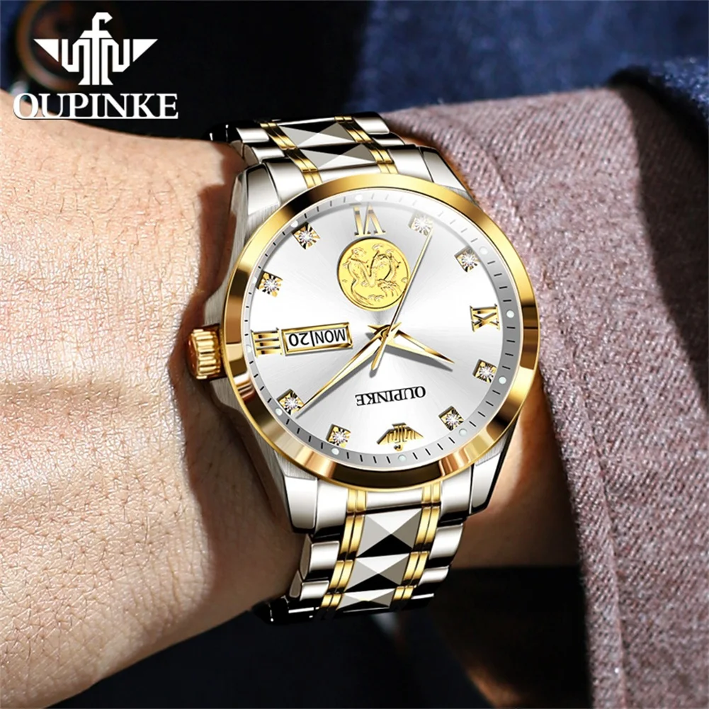 OUPINKE 3259 Men Automatic Watch Real Gold Dual Calendar Mechanical Watch For Men Luxury Waterproof Top Brand Dress Wristwatch