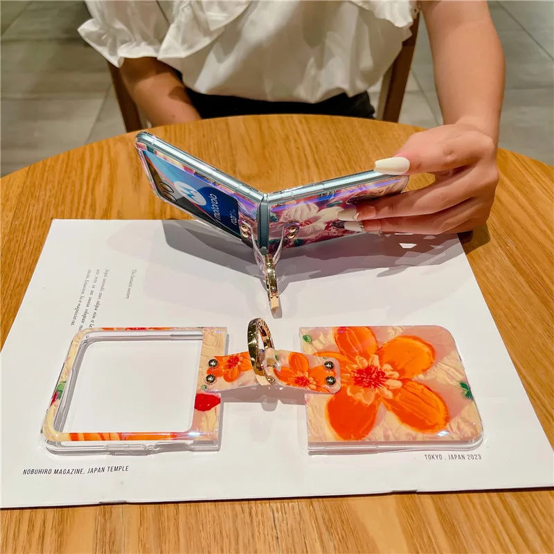 Ring Blu-ray Flower Phone Case For Motorola MOTO Razr 40 Ultra PC Protective Cover