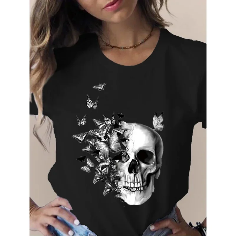 

Female T Shirt Skull Head Butterfly Flower Print Short Sleeve O Neck Loose Women Tshirt Ladies Tee Shirt Tops Camisetas Muje