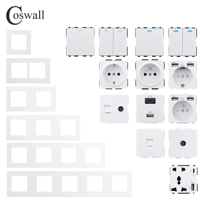 COSWALL Wall Switch Socket Module E20 Series, white black PC panel EU French socket HDMI compatible USB Type C 18W fast charger TV RJ45 module DIY AC