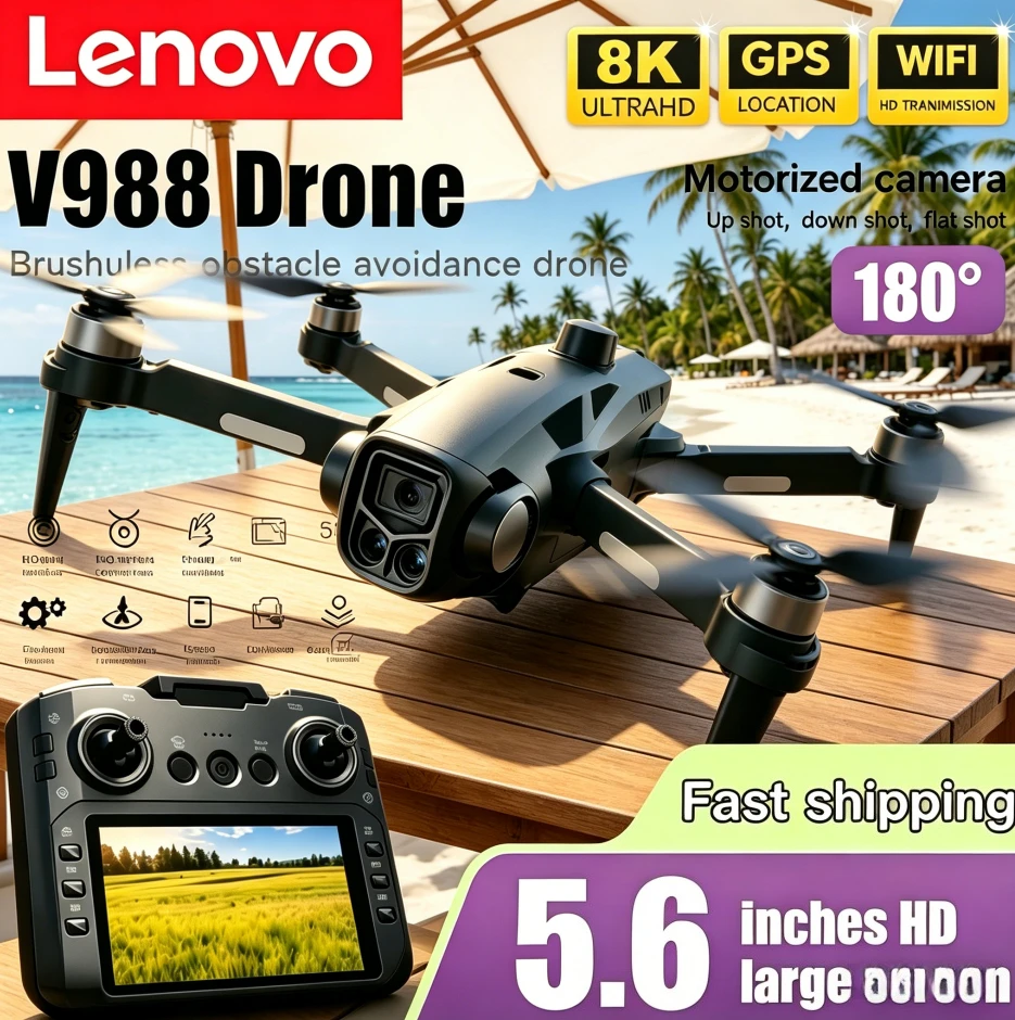 레노버 V988 드론 프로페셔널 4K HD 8K 듀얼 카메라 대형 화면 리모컨 5G WIFI FPV 접이식 쿼드콥터 RC 드론
