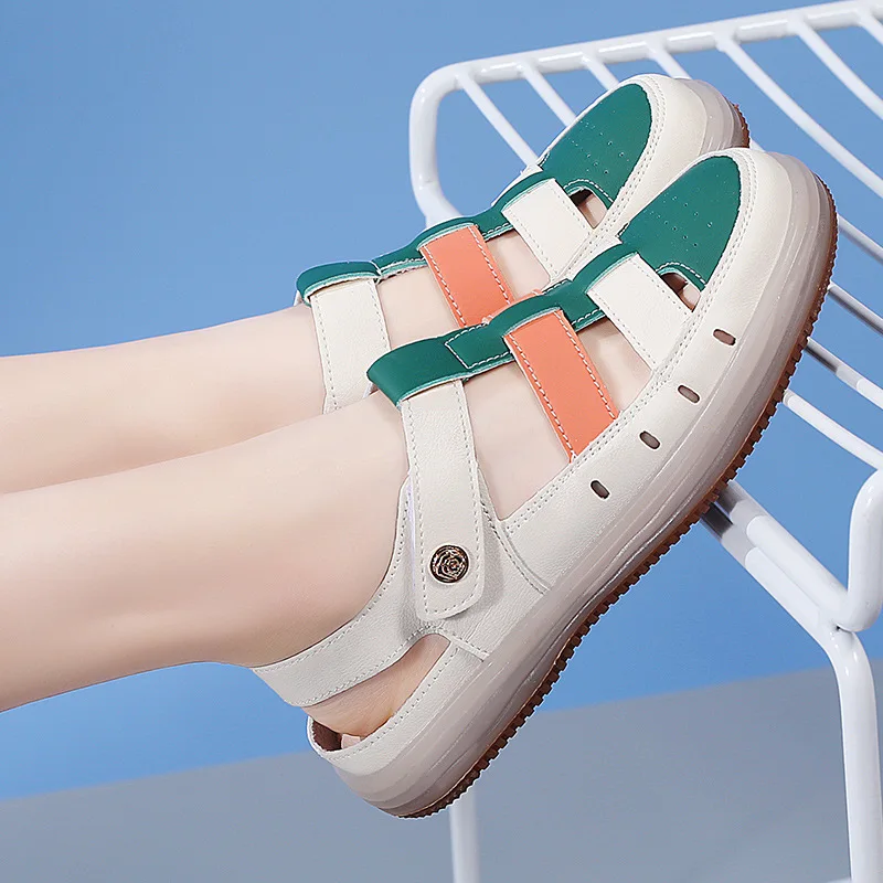 Women's Sandals Summer 2024 Beach Casual Colorful antiskid Soft Breathable Genuine leather Flat sandals Platform Women's Shoes