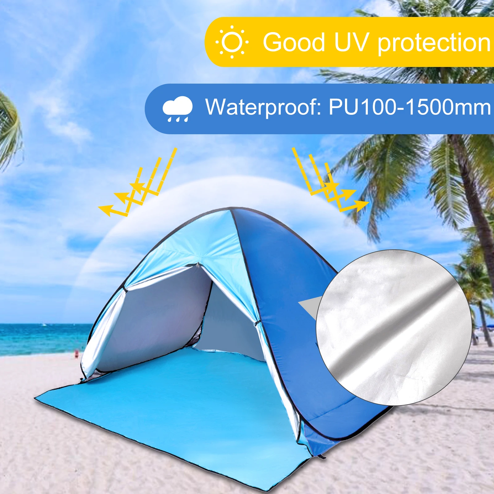 Blue 4 People Pop Up Beach Tent Portable Sun Shelter UV Protection Shade Cabana for Outdoor Activities and Beach Traveling 