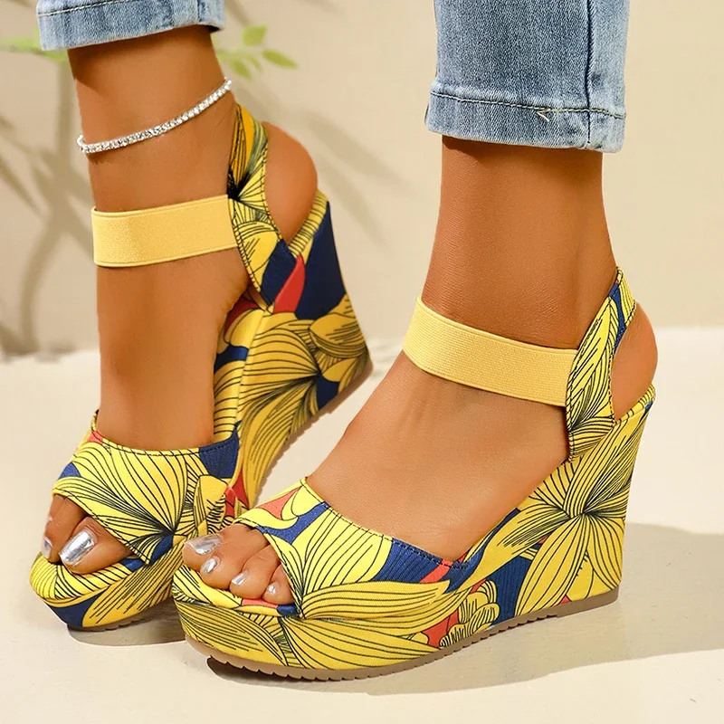 Women Wedges Sandals Print Random Platform Slippers Walking High Heels Shoes for Women 2025 New Summer Fashion Sandals Women