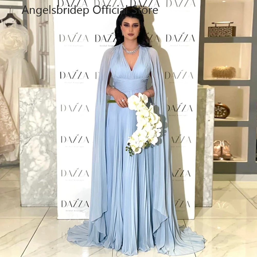 

Angelsbridep трапециевидные шифоновые платья для выпускного вечера модное пляжное платье с лямкой на шее с накидкой небесно-голубые плиссированные платья в стиле знаменитостей Дубая