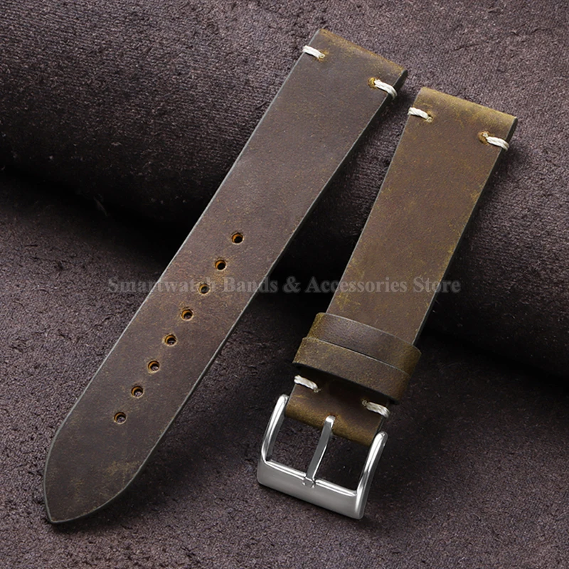 Handcrafted Vintage Oil Wax Leather Watch Band – Premium Cowhide Strap with Handmade Stitching
