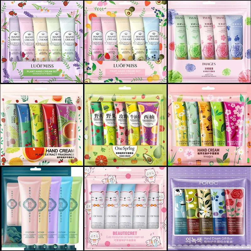 

5 шт./лот набор кремов для рук с растительными фруктами, увлажняющее питание против старения, отбеливающий лосьон для ухода за кожей, розами, авокадо, грейпбриут