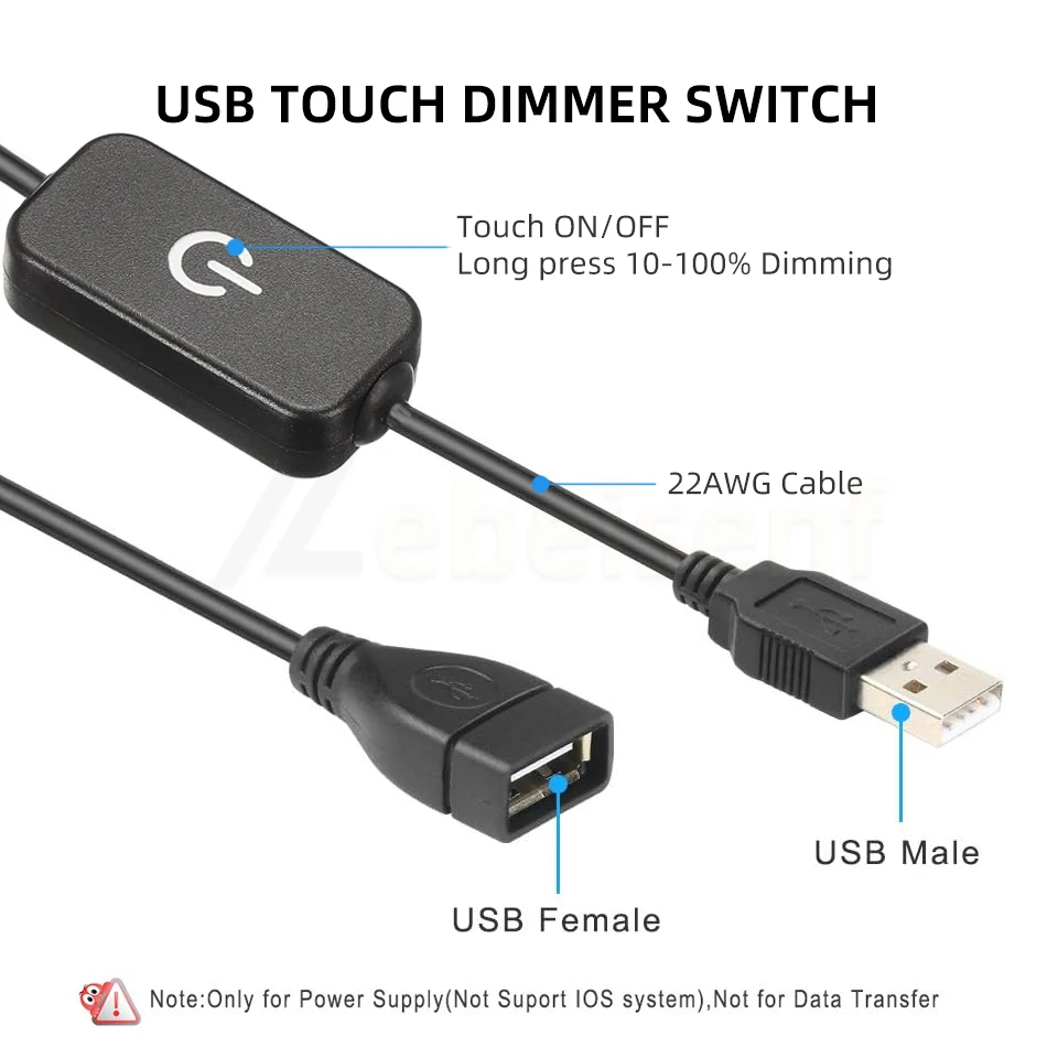 USB Male to Female Cable with LED Dimmer Switch for LED Desk Lamp Strip Light