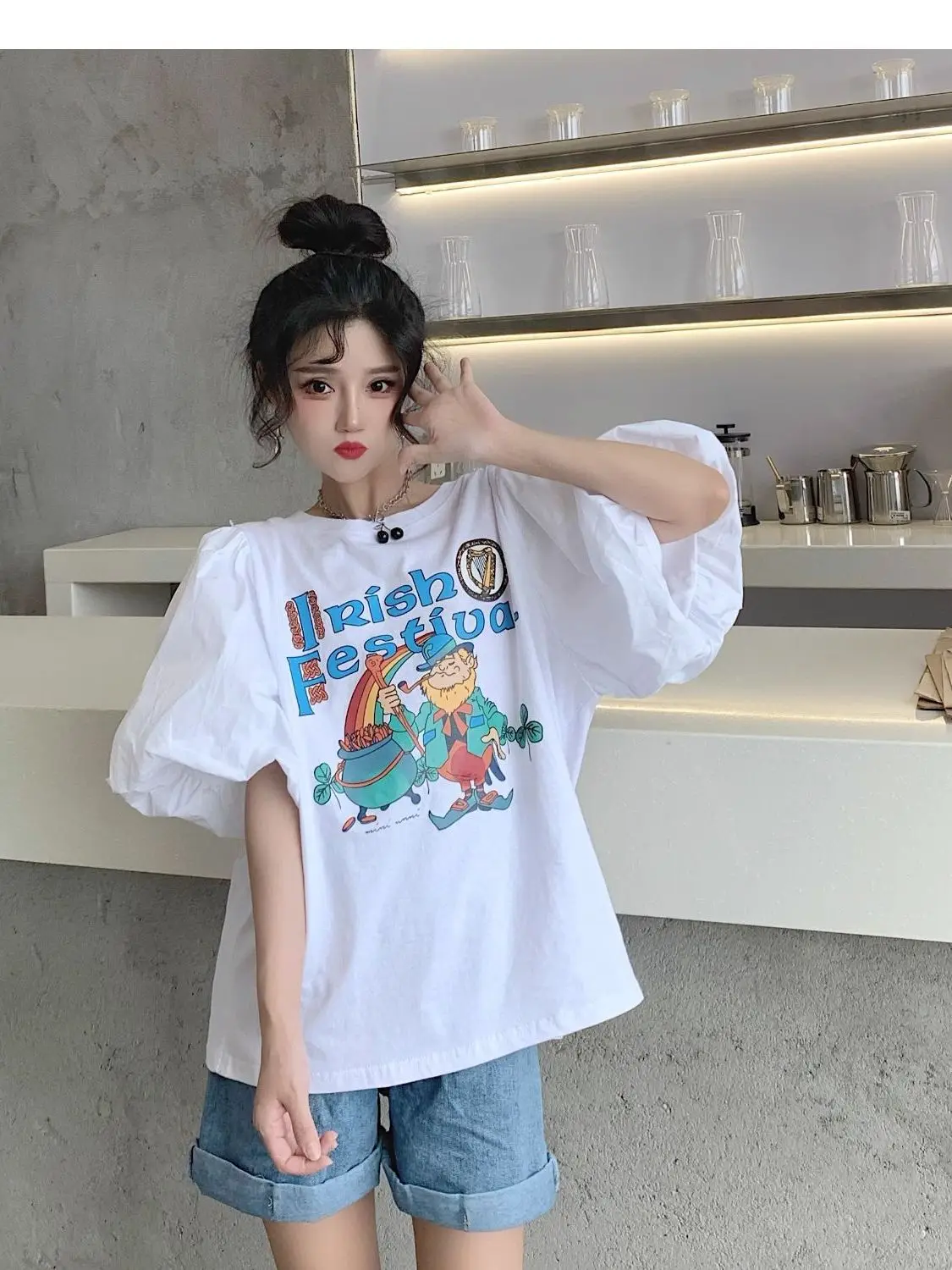 White ort Sve T-irt Women's Design Summer 2025 New Print Anti-Aging Lantern Bubble Sve Top Korean Sle Loose Fit 4