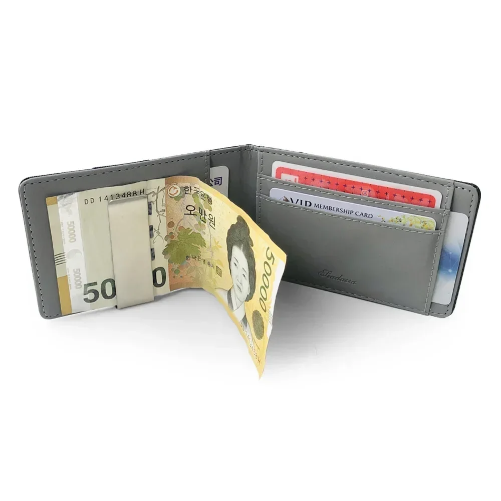 Hot Sale Fashion Solid Men's Thin Bifold Money Clip Leather Wallet with A Metal Clamp Female ID Credit Card Purse Cash Holder 4