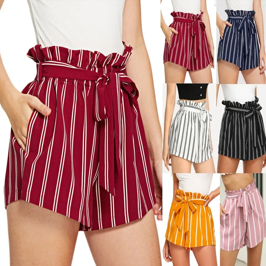 

Ladies Summer Striped Shorts Lace Up Chiffon Hot Sexy Short Pants Women Cute School Girls Red Pink Stripe Cheering Team Shorts