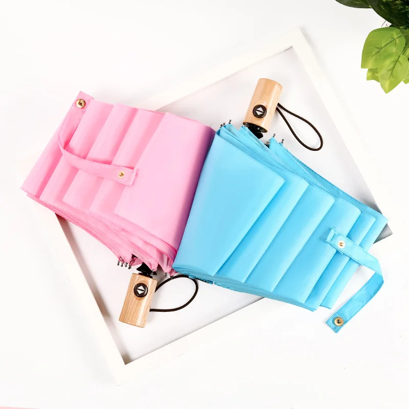 

Three-fold Automatic Umbrella for Man and Women Wooden Handle Small Fresh Simple and Plain Japanese SUN Umbrellas and Parasols