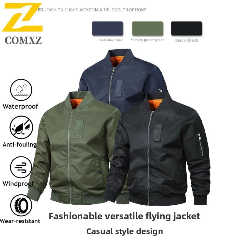 Mens Vintage MA-1 Bomber Jacket Spring Autumn Stand Collar Waterproof Windproof Loose Fit Baseball Coat Military Style Outerwear