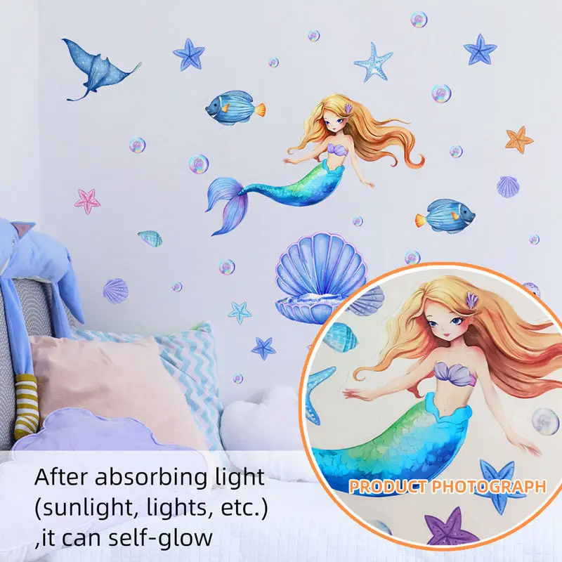 Glow In The Dark Mermaid Stickers Kids Room Decor Sea Animals Luminous Wall Sticker Seabed Marine Life Starfish Glowing Decals